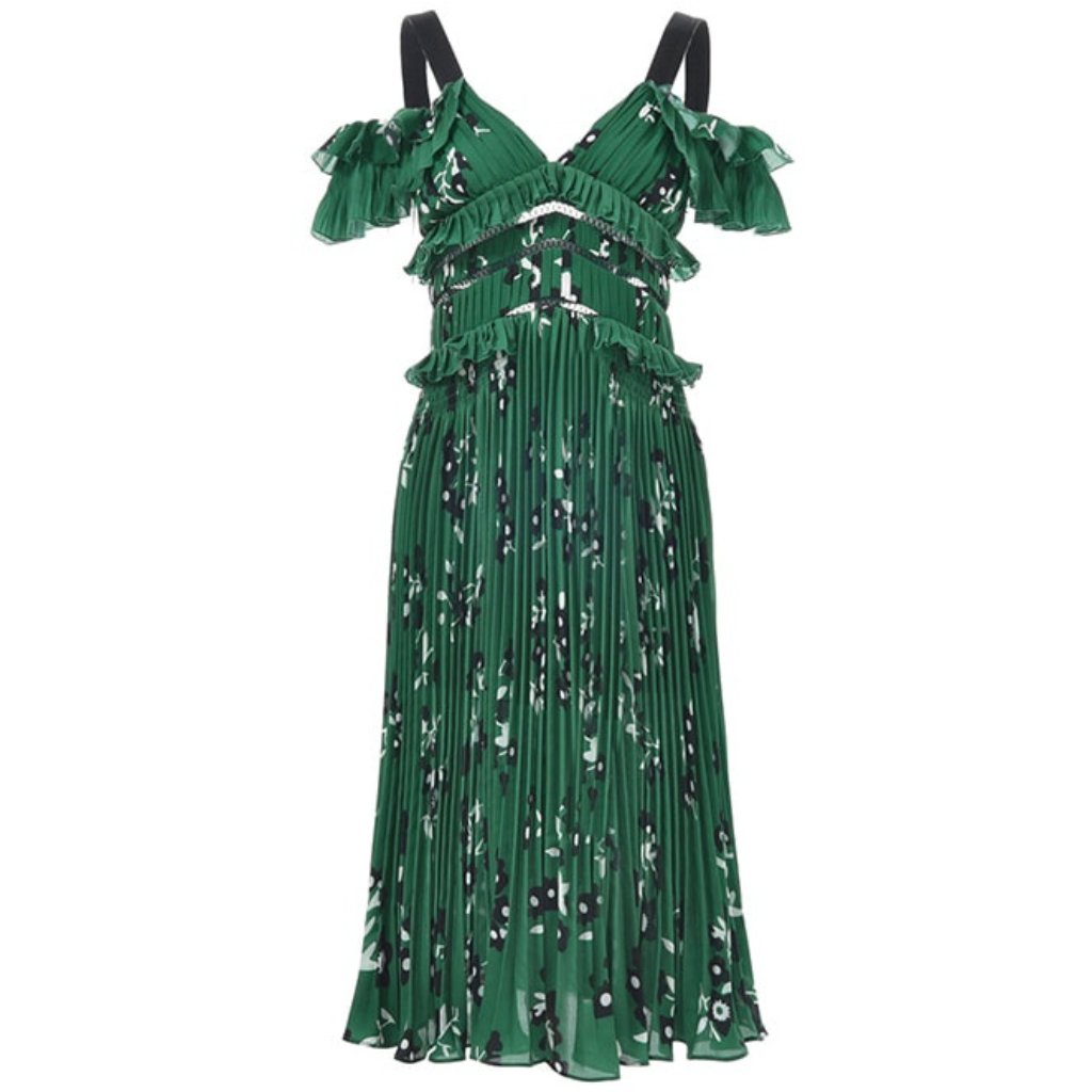 Self Portrait Green Cold Shoulder Floral Crepe Midi Dress, Us 4
